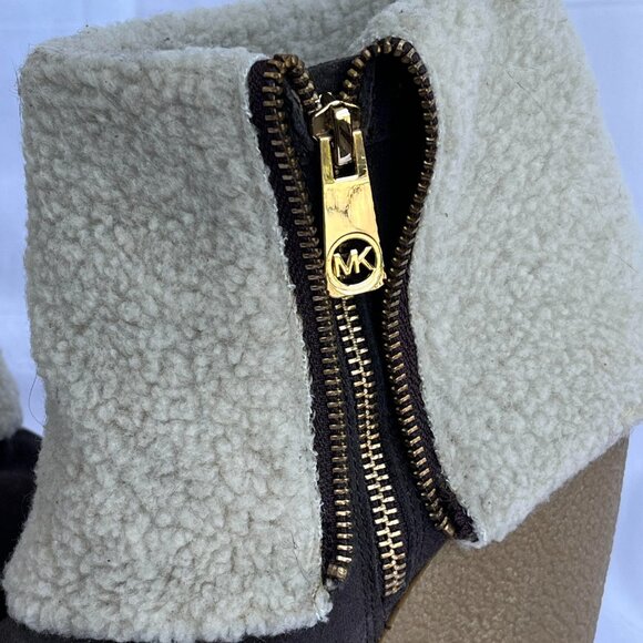 MICHAEL KORS booties Suede Fur Shearling cuff Wedge Bootie Gold MK Zipper 5 1/2 - Picture 10 of 12